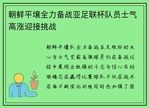 朝鲜平壤全力备战亚足联杯队员士气高涨迎接挑战